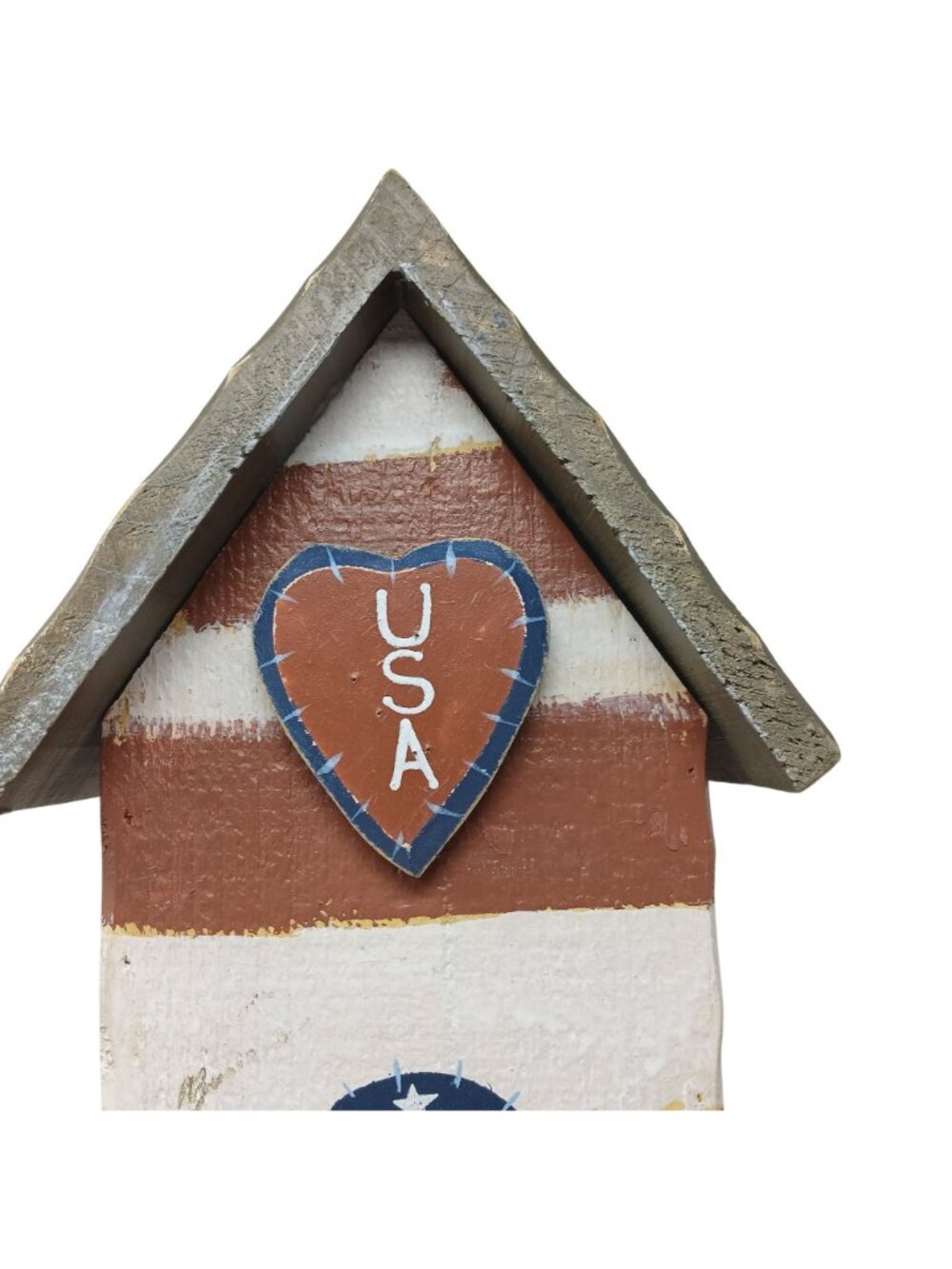 Patriotic Wood Birdhouse USA Heart Star Accents Red White Blue Rustic 16" T #SB - Picture 3 of 10